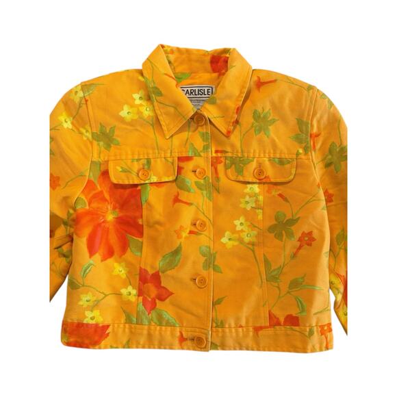 Carlisle Orange Yellow Floral Cropped Jacket Silk Cotton Blend Size 10 - Picture 3 of 11
